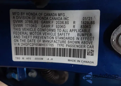 2021 Honda Civic Lx from USA, damaged, VIN 2HGFC2F65MH537765